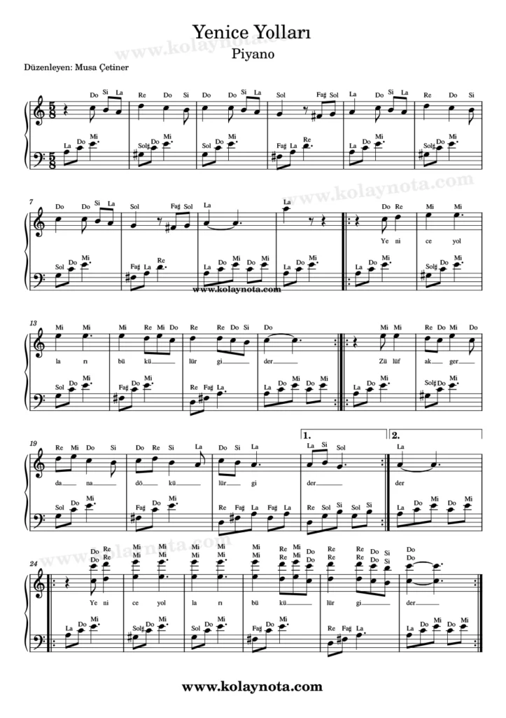 Yenice Yolları türküsünün piyano düzenlemesi. 1. Sayfa