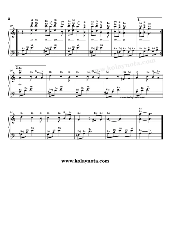 Yenice Yolları türküsünün piyano düzenlemesi. 2. Sayfa