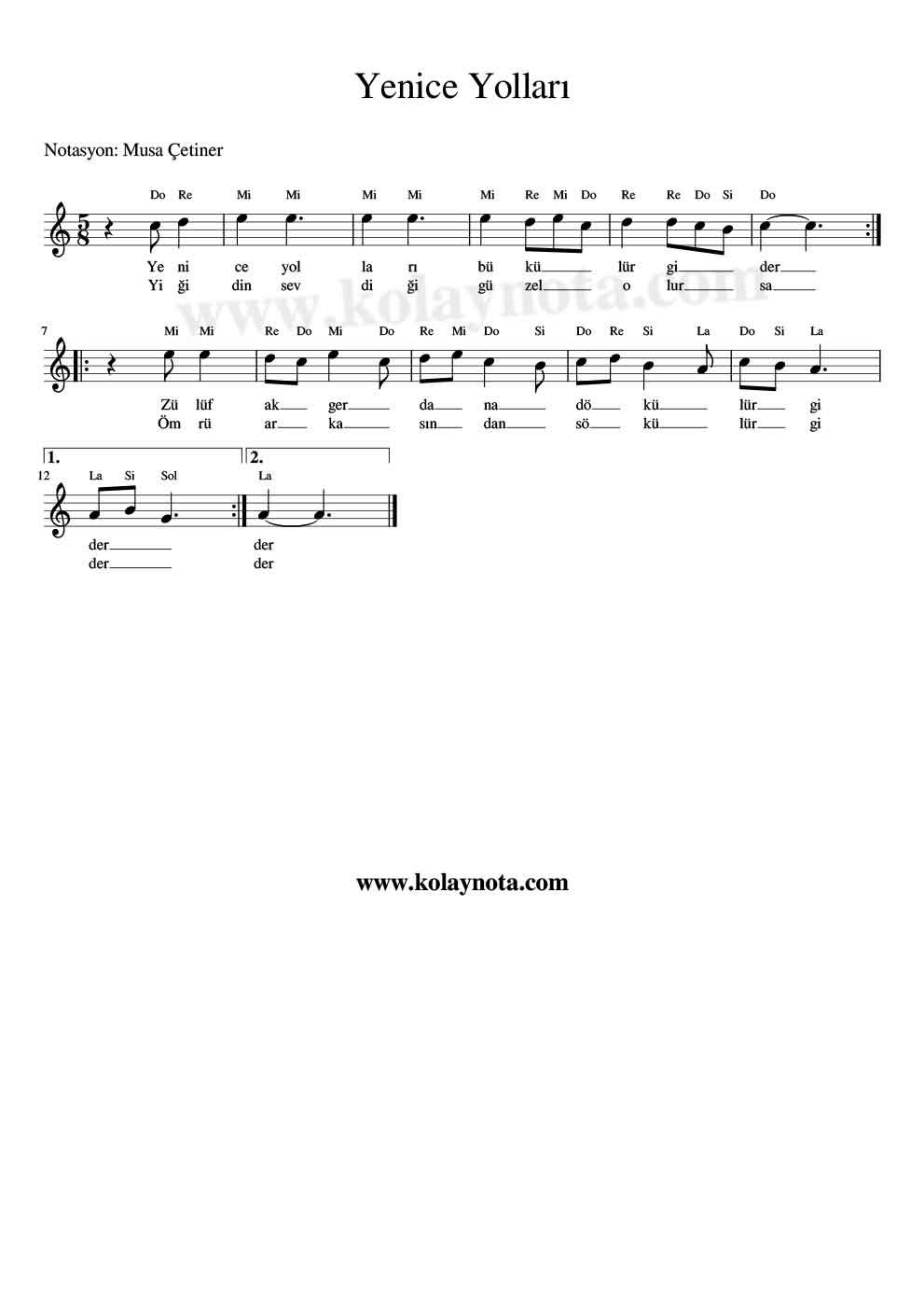 Yenice Yolları Kolay Notası