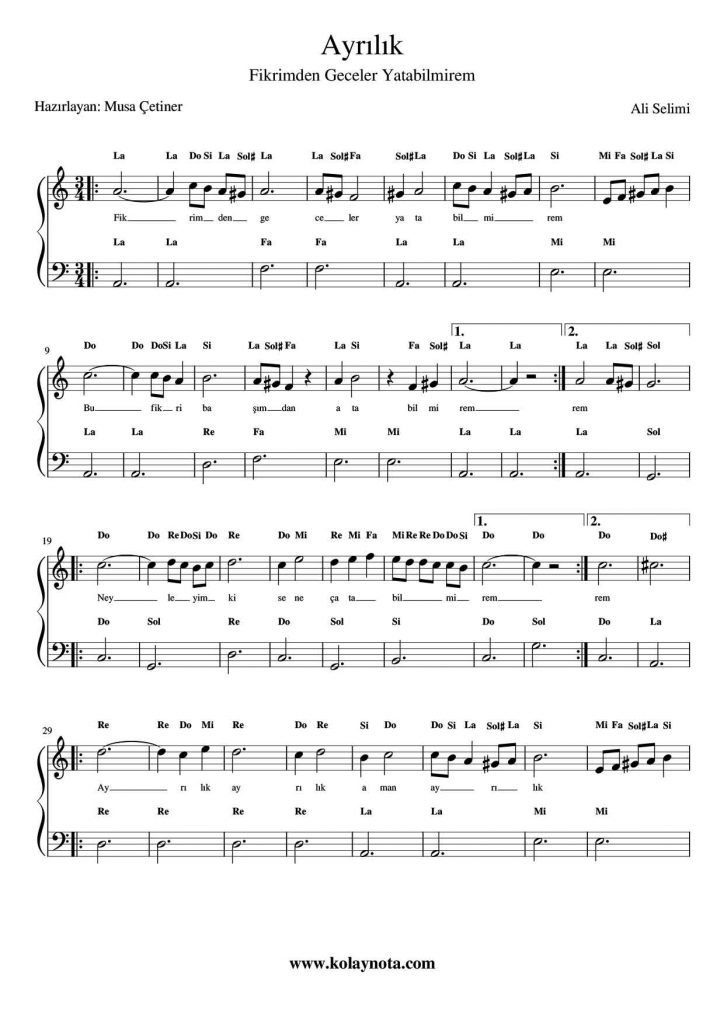 Fikrimden Geceler - Kolay Piyano Notası
