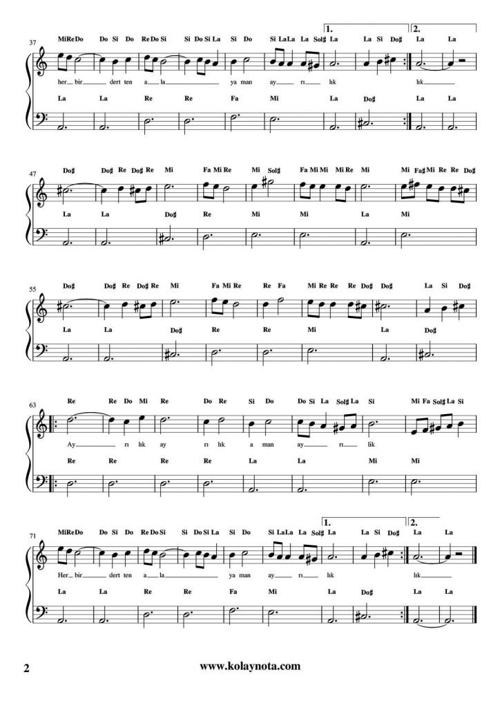 Fikrimden Geceler - Kolay Piyano Notası - 2