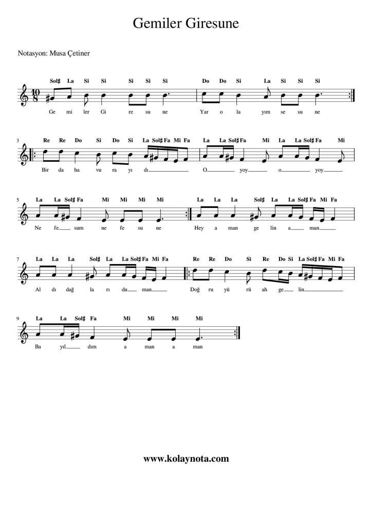 Gemiler Giresune - Kolay Notası