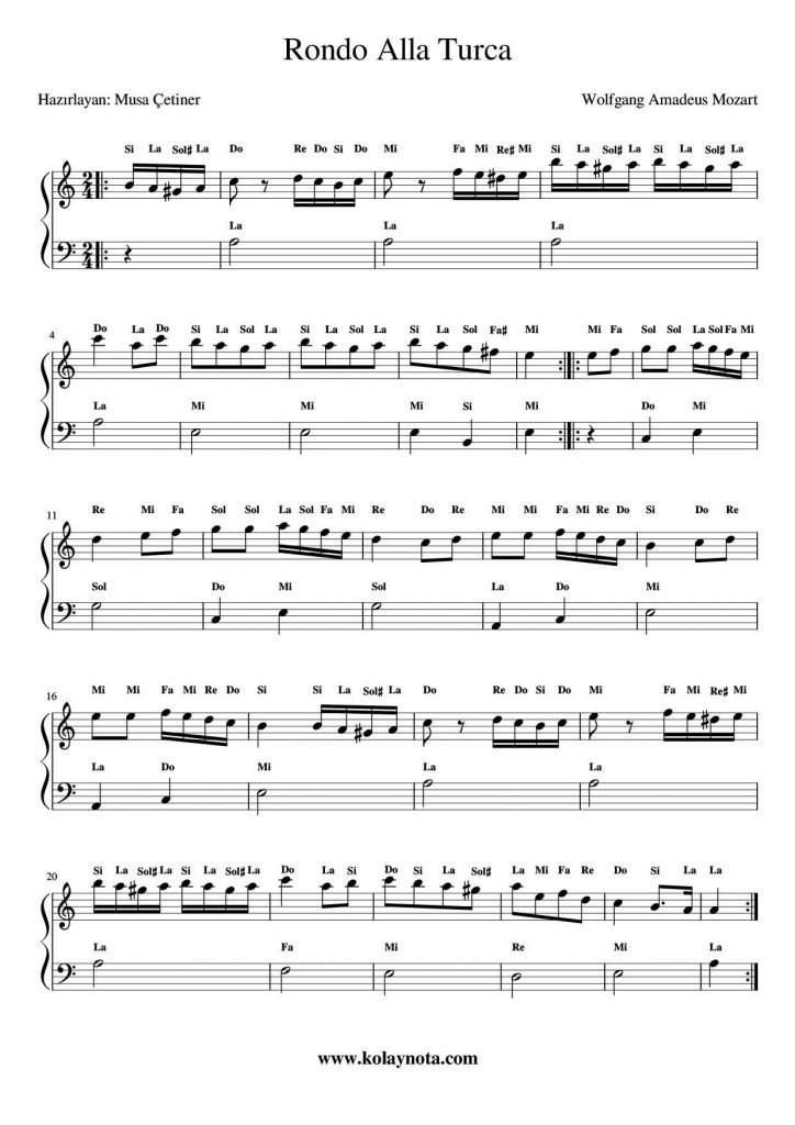 Türk Marşı - Kolay Piyano Notası