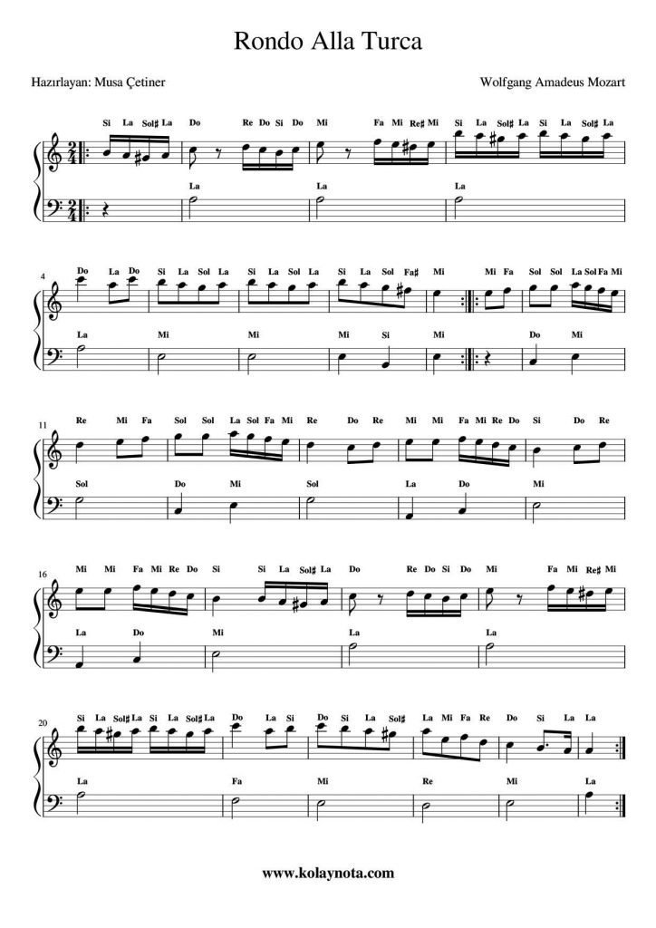 Türk Marşı - Kolay Piyano Notası