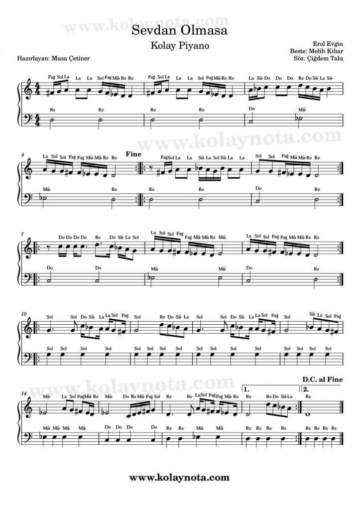 Sevdan Olmasa - Piyano Notası