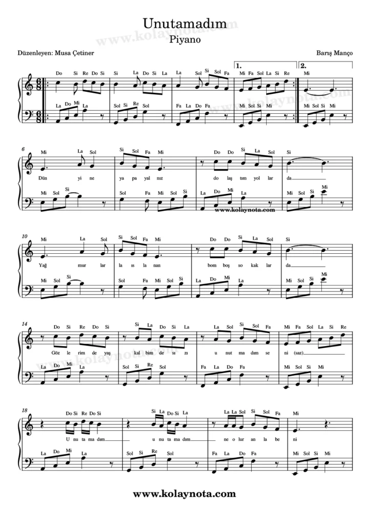 Barış Manço, Unutamadım şarkısının piyano düzenlemesi. 1. Sayfa
