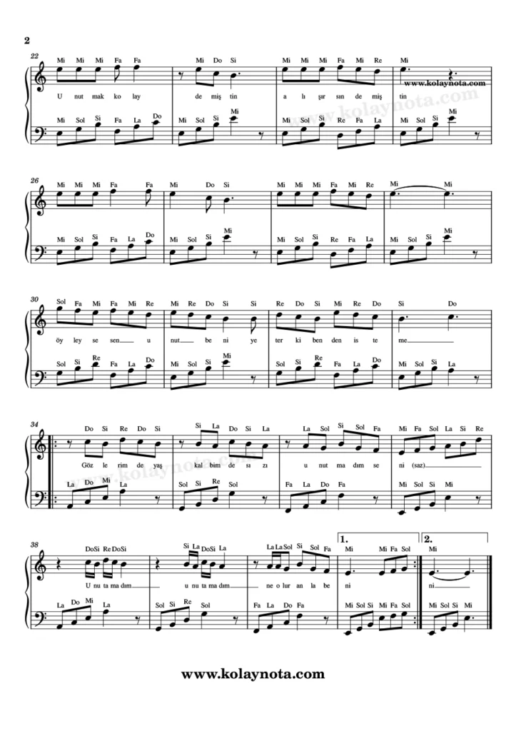 Barış Manço, Unutamadım şarkısının piyano düzenlemesi. 2. Sayfa