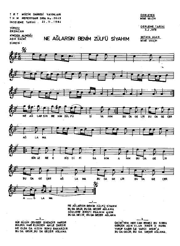 Ne Ağlarsın Benim Zülfü Siyahım TRT Notası