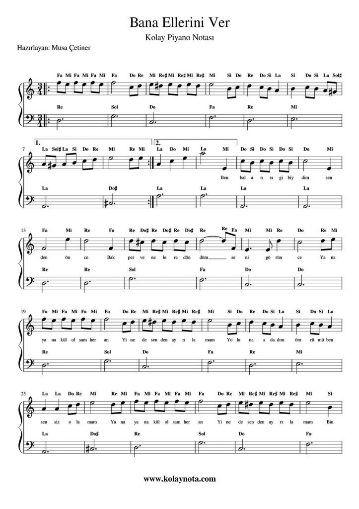 Bana Ellerini Ver - Kolay Piyano Notası