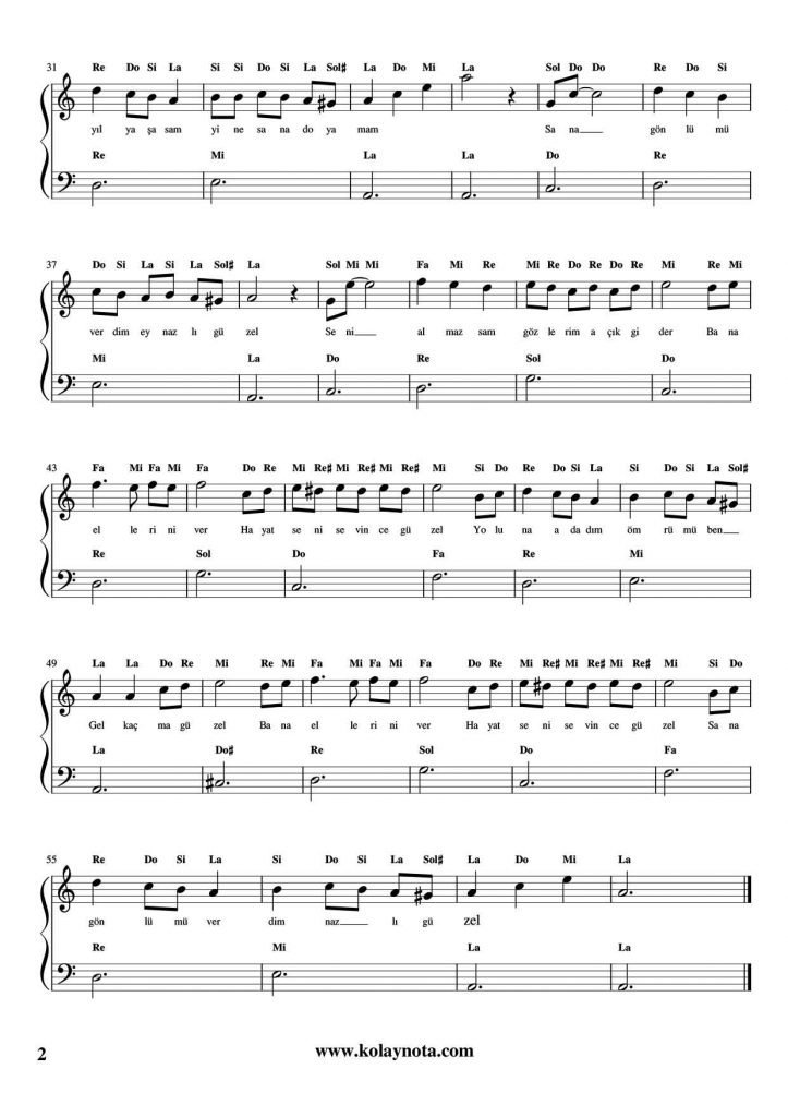 Bana Ellerini Ver - Kolay Piyano Notası - 2