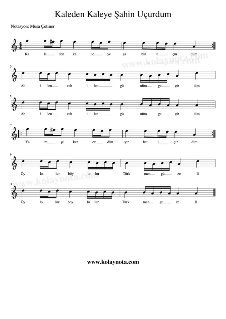 Kaleden Kaleye Şahin Uçurdum Standart Nota