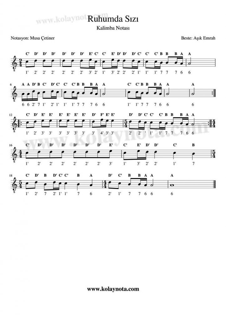 Ruhumda Sızı Kalimba Notaları