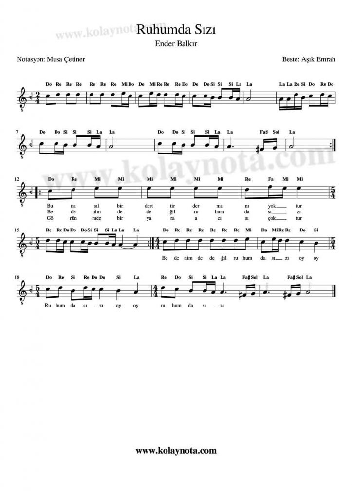 Ruhumda Sızı Kolay Notası