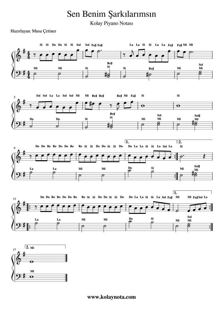 Sen Benim Şarkılarımsın - Kolay Piyano Notası