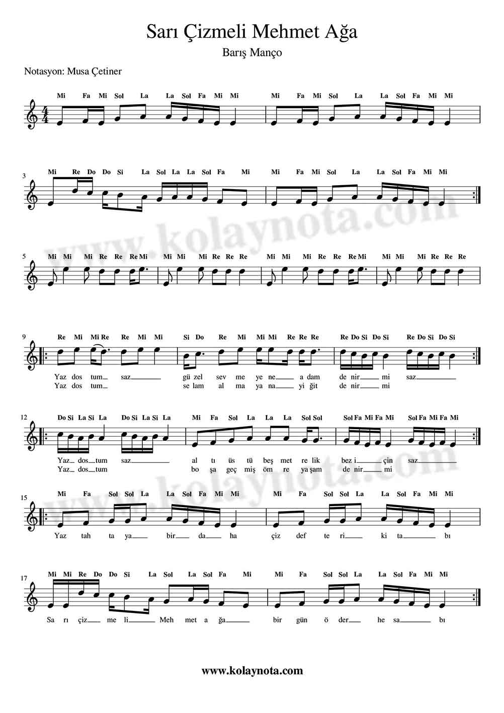 Sarı Çizmeli Mehmet Ağa - Kolay Notası