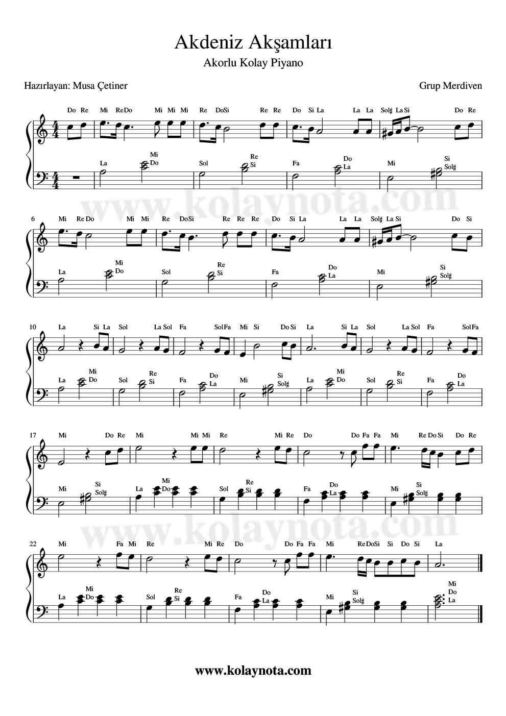 Akdeniz Akşamları - Piyano Notası
