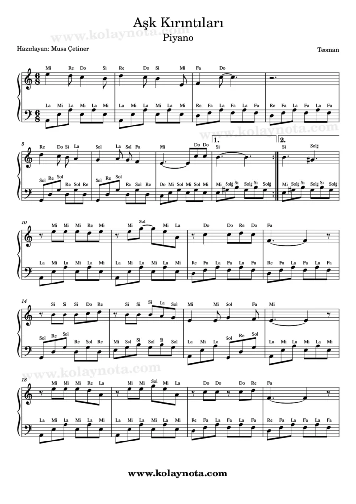 Aşk Kırıntıları - Piyano Notası