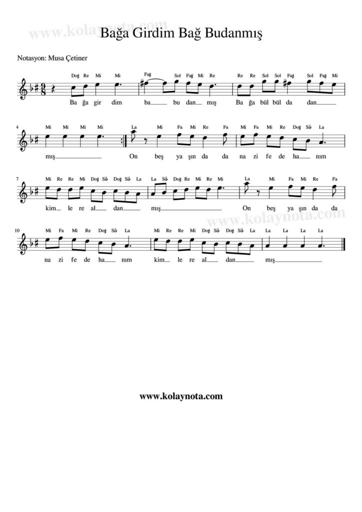 Bağa Girdim Bağ Budanmış - Nota