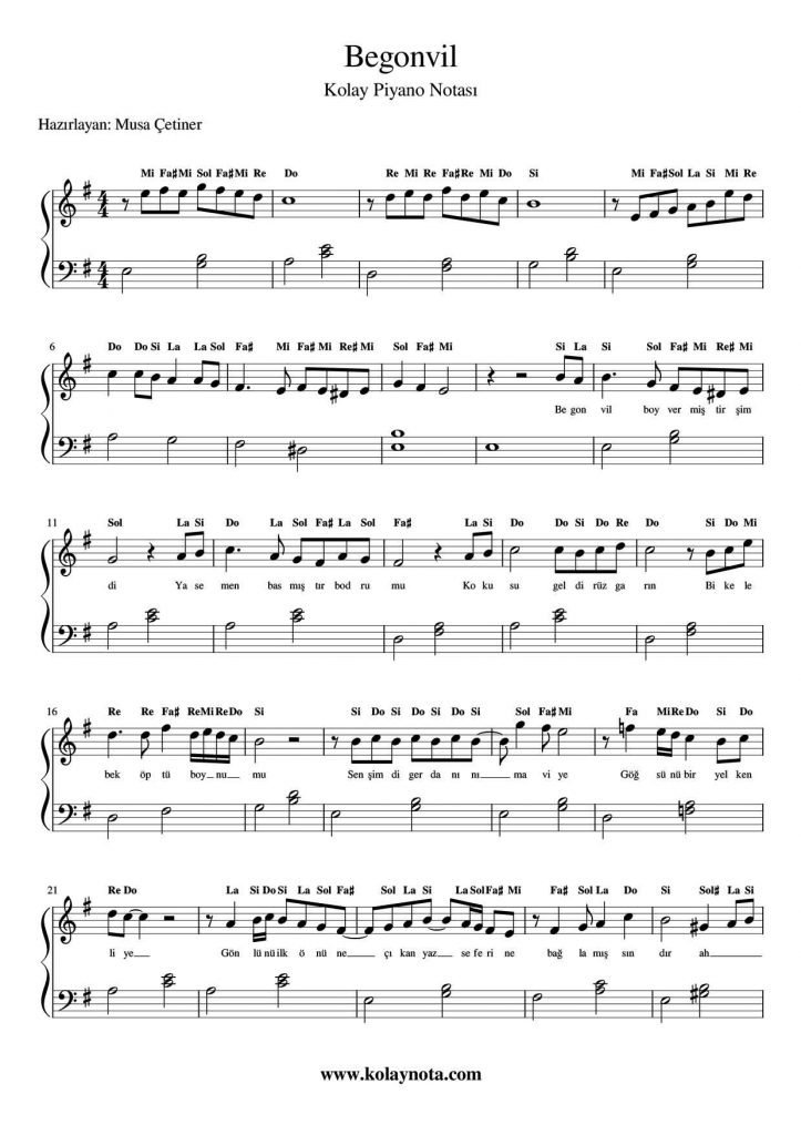 Begonvil - Kolay Piyano Notası