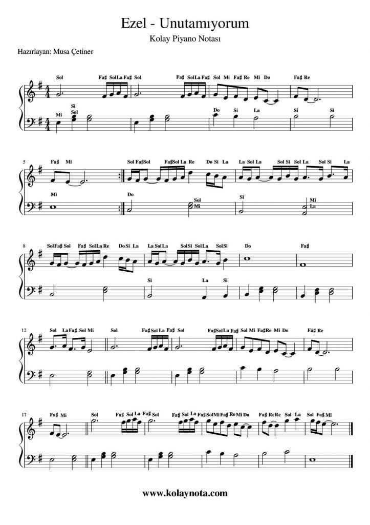 Ezel "Eyşan - Unutamıyorum" - Kolay Piyano Notası