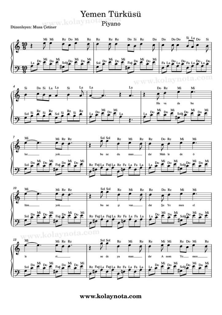 Yemen Türküsü - Piyano Notası