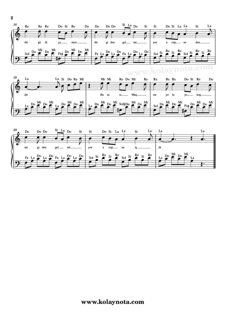 Yemen Türküsü - Piyano Notası - 2