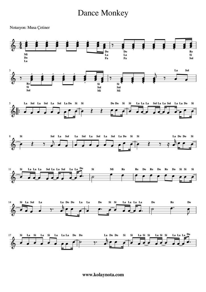Dance Monkey - Kolay Notası