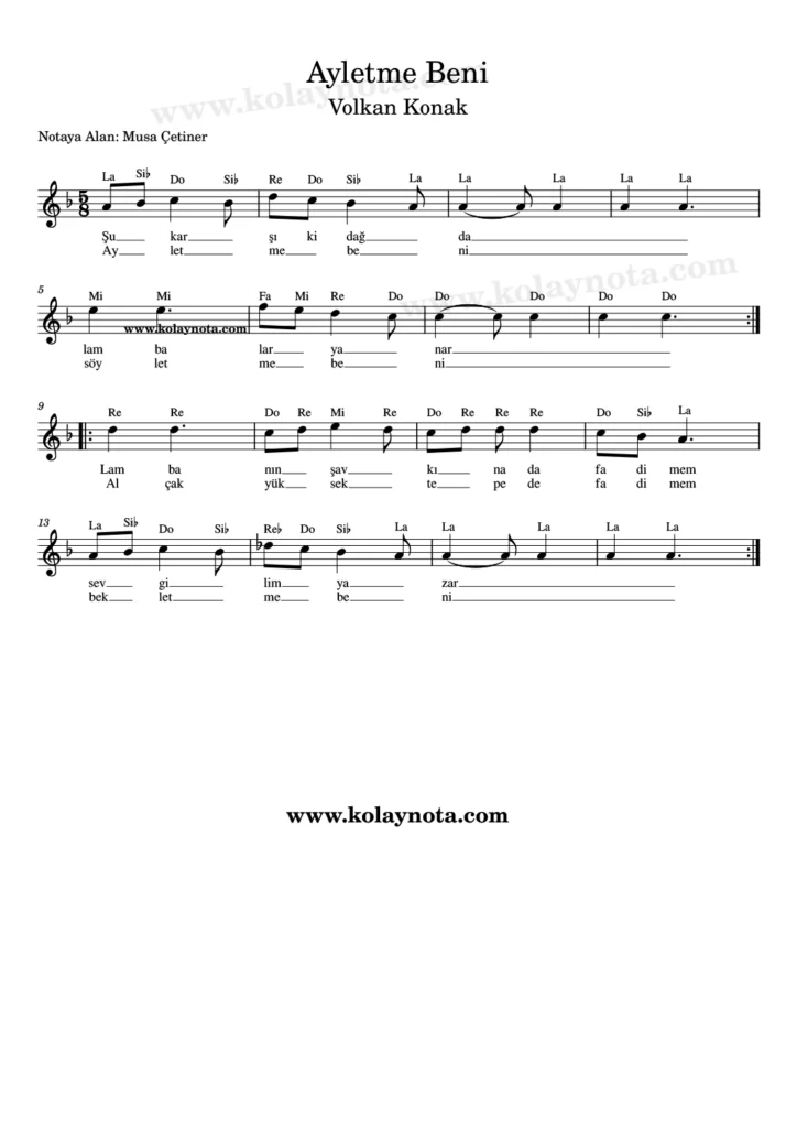 Ayletme Beni türküsünün kolay notasyonu