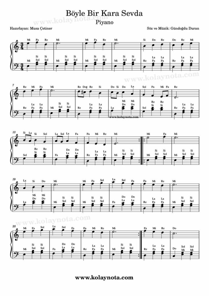 Böyle Bir Kara Sevda - Piyano Notası