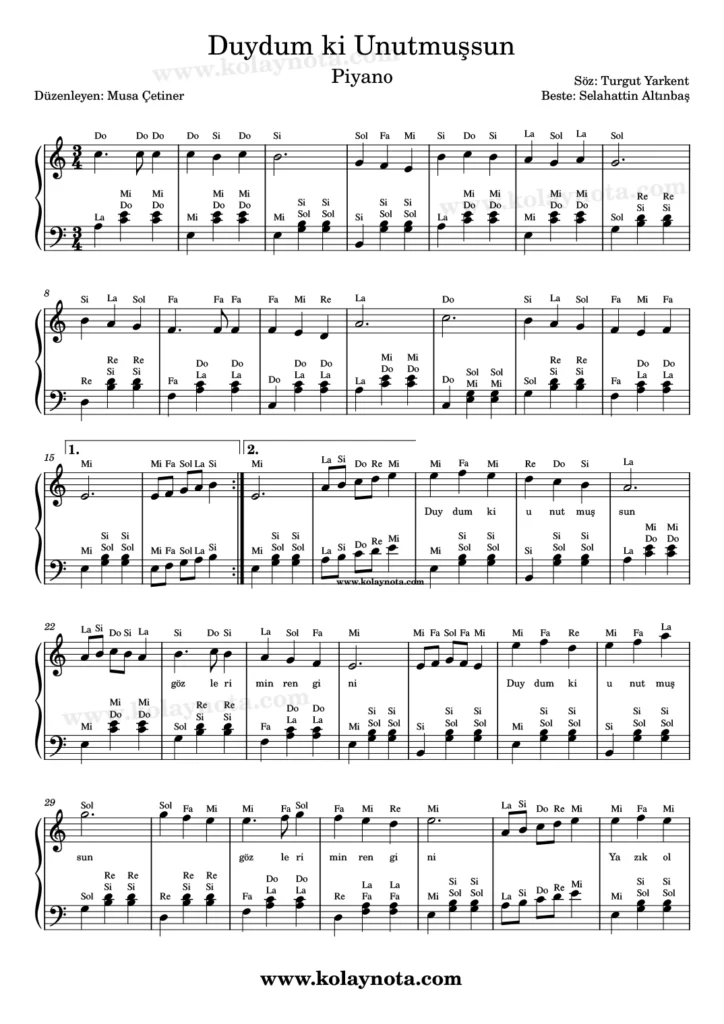 Duydum Ki Unutmuşsun şarkısının piyano düzenlemesi