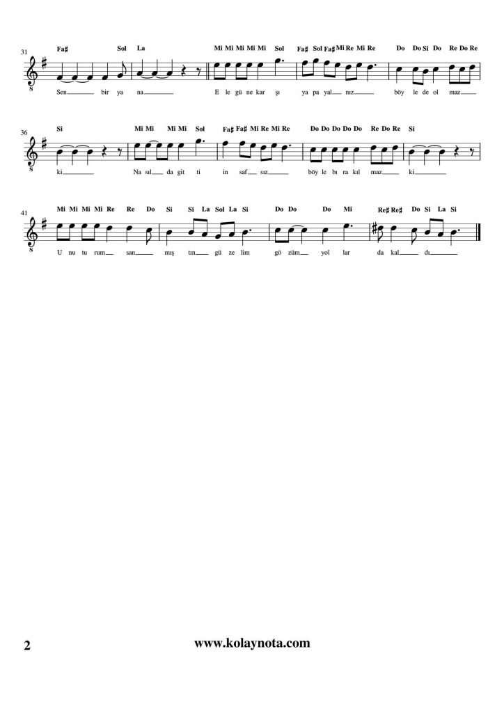 Ele Güne Karşı Yapayalnız - Kolay Notası - 2