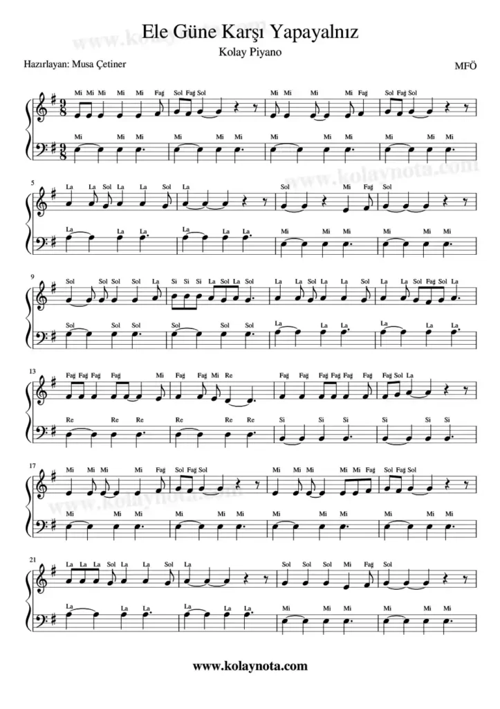 Ele Güne Karşı - Piyano Notası