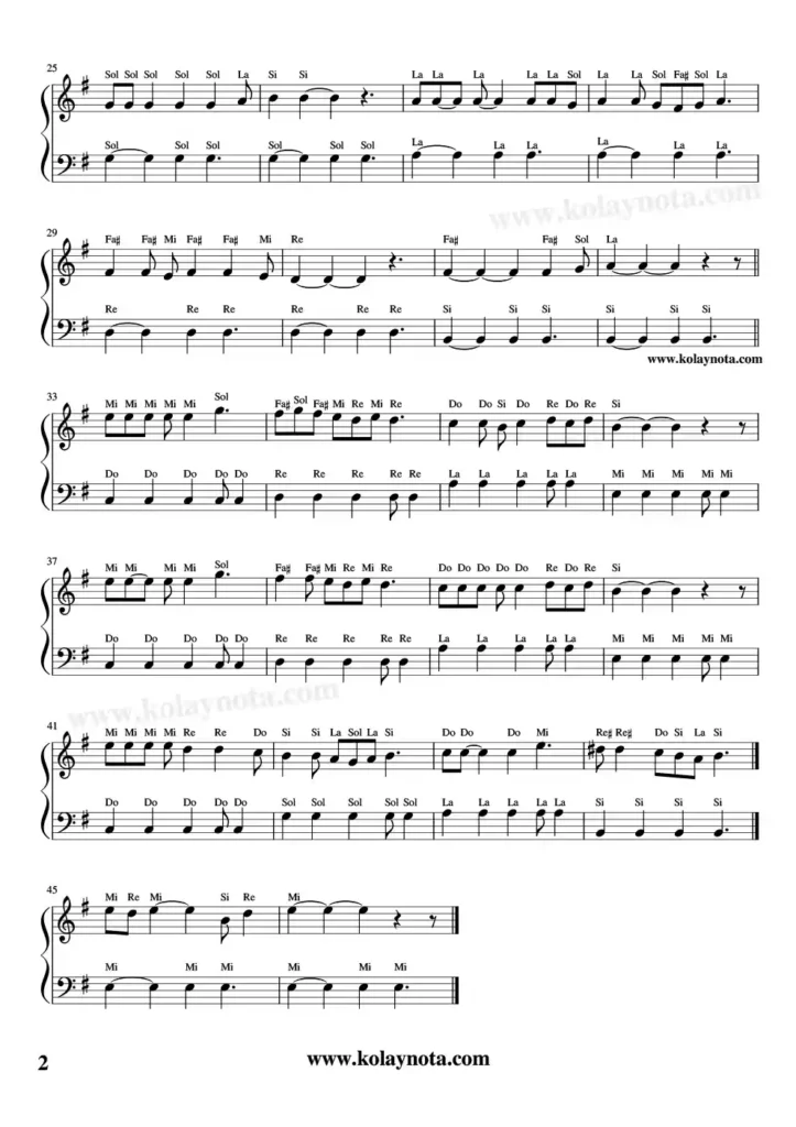 Ele Güne Karşı - Piyano Notası - 2