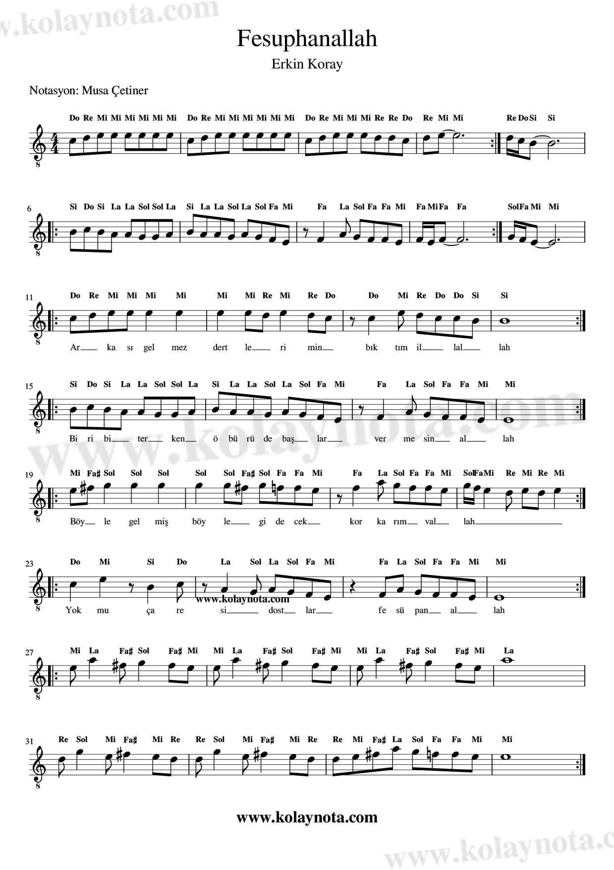 Fesuphanallah - Kolay Notası