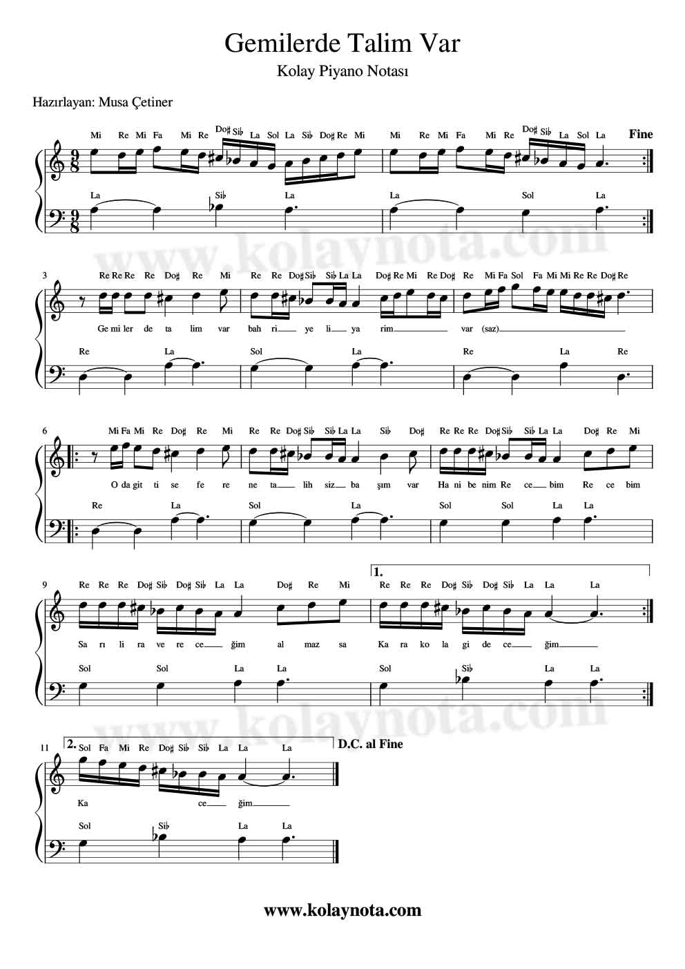 Gemilerde Talim Var - Piyano Notası