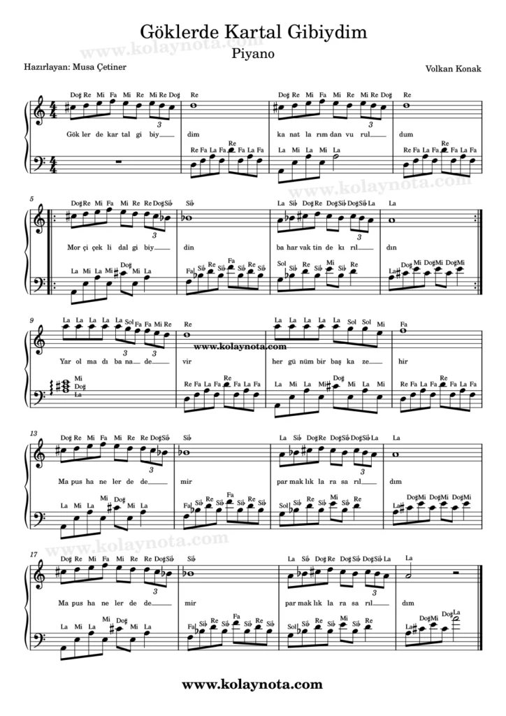 Göklerde Kartal Gibiydim şarkısının piyano düzenlemesi