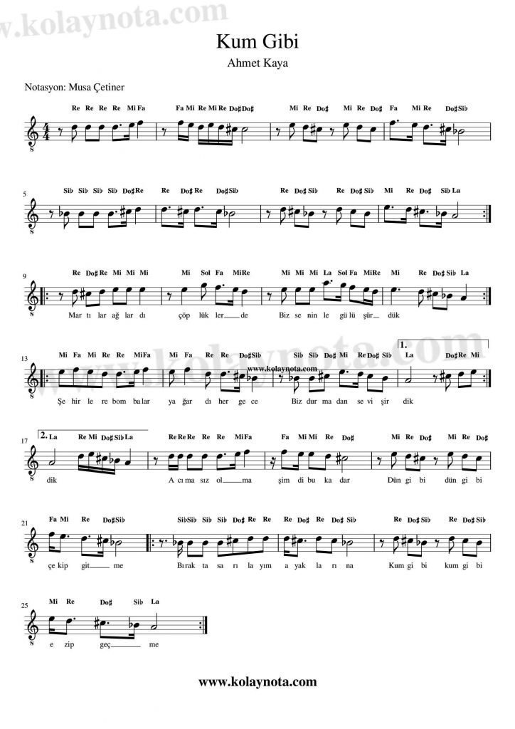 Kum Gibi - Kolay Notası
