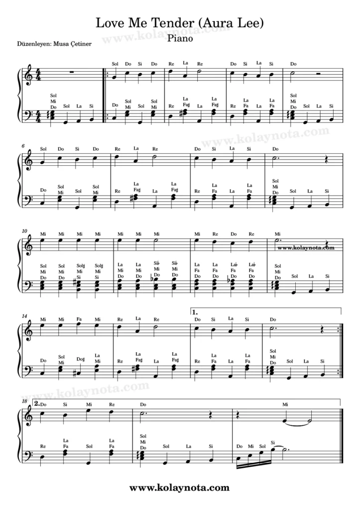 Love Me Tender şarkısının piyano düzenlemesi
