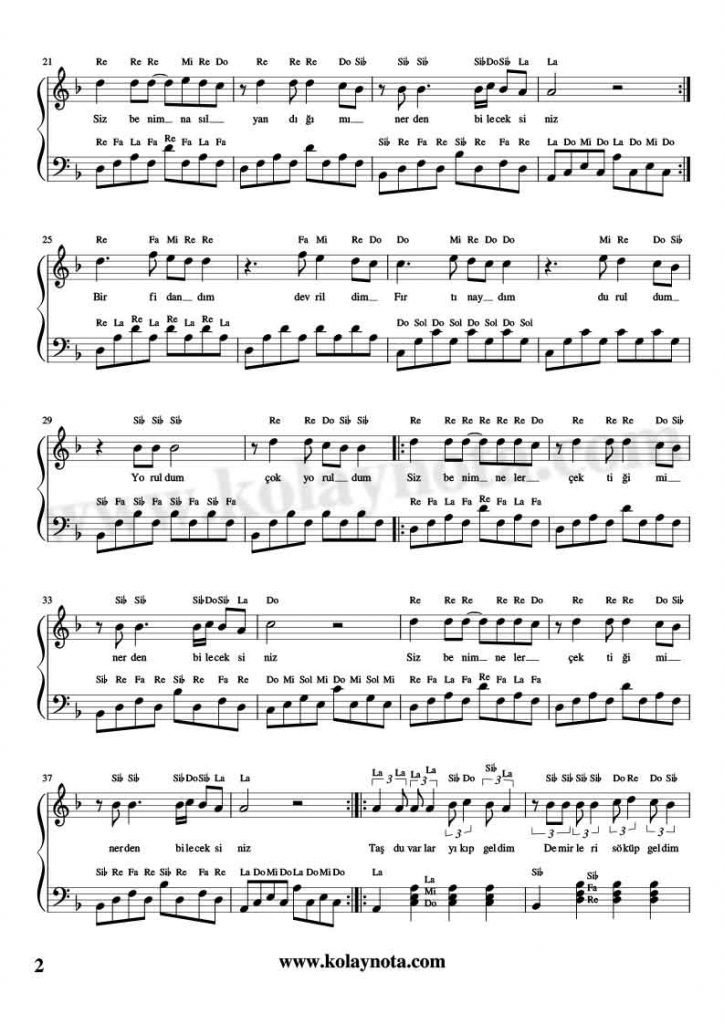Nereden Bileceksiniz Piyano Notaları - 2