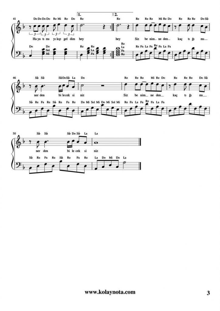 Nereden Bileceksiniz Piyano Notaları - 3