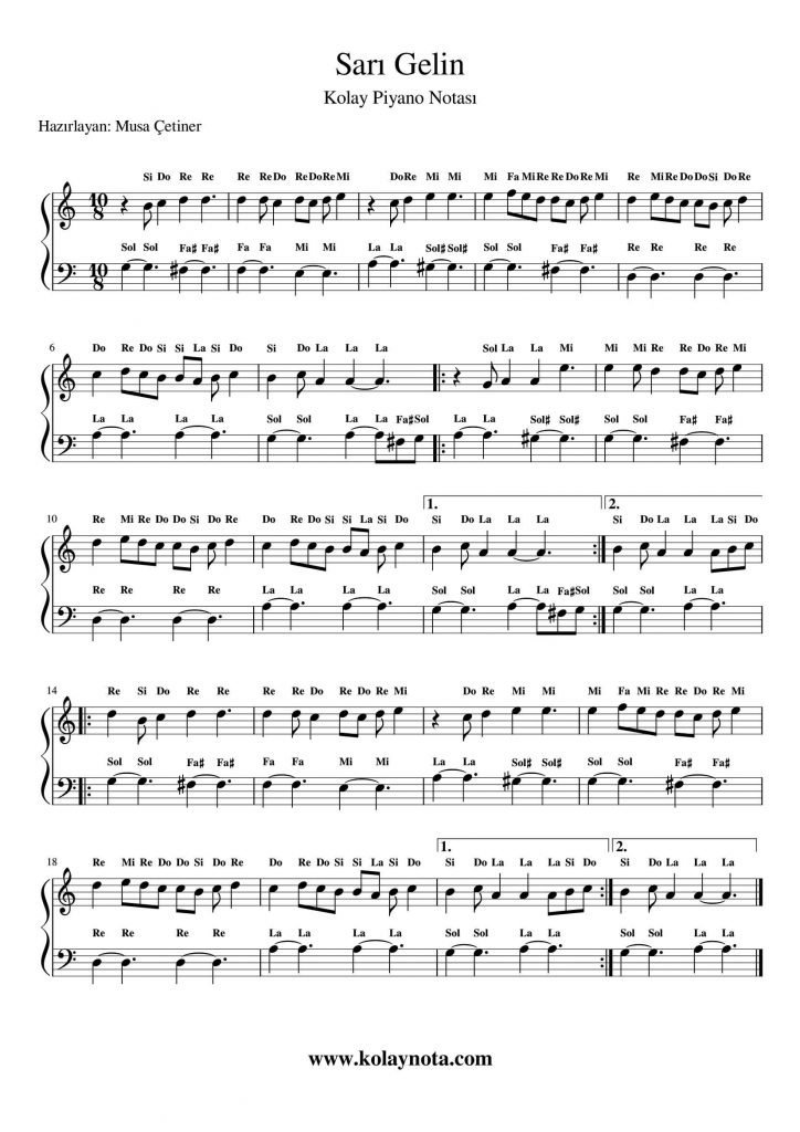 Sarı Gelin - Kolay Piyano Notası
