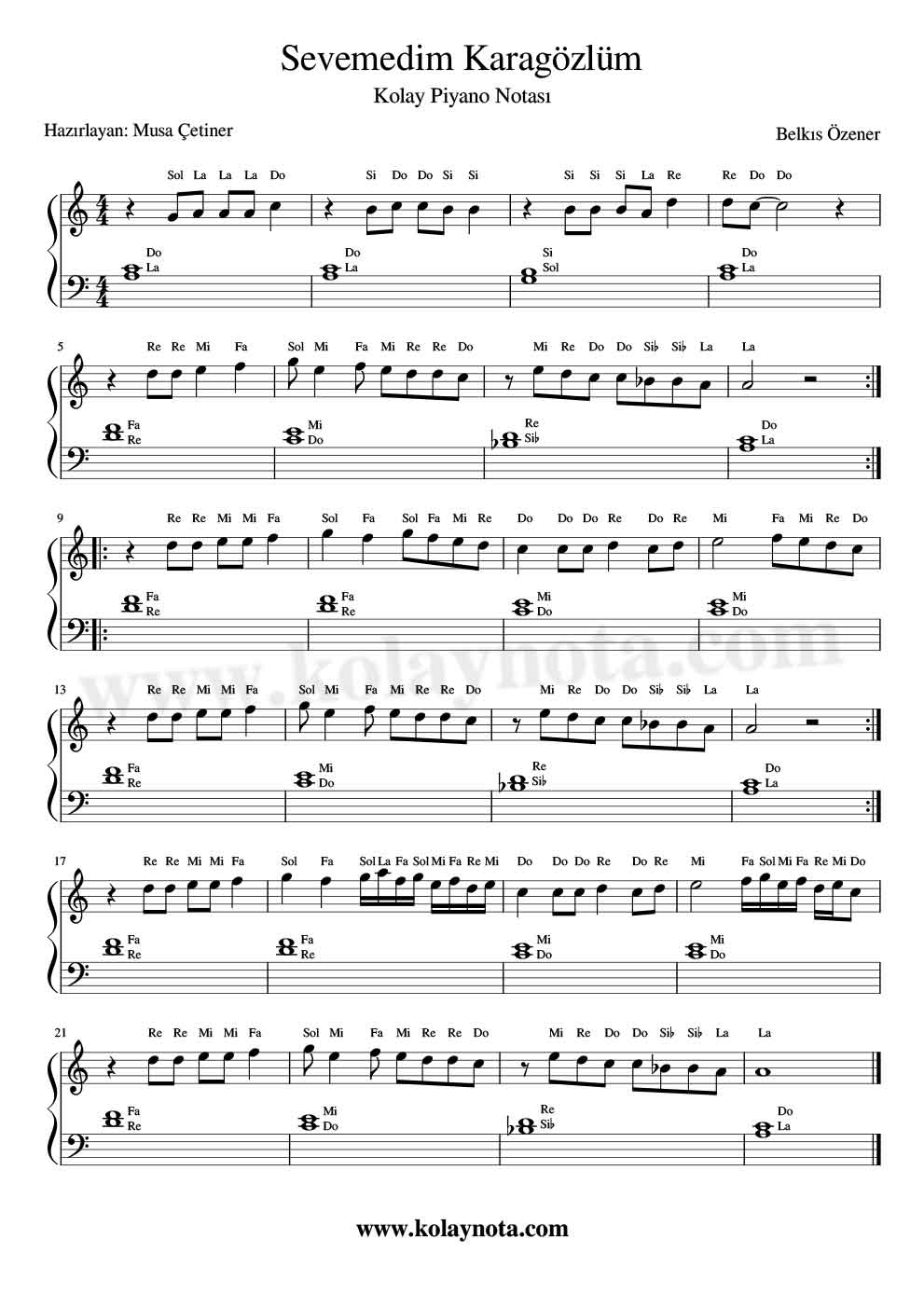 Sevemedim Karagözlüm Piano Notaları