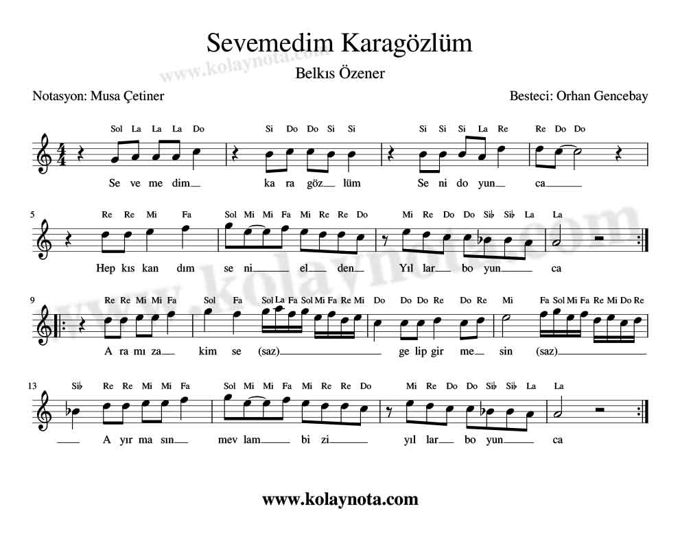 Sevemedim Karagözlüm Kolay Notası