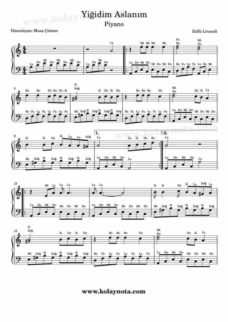 Yiğidim Aslanım - Piyano Notası