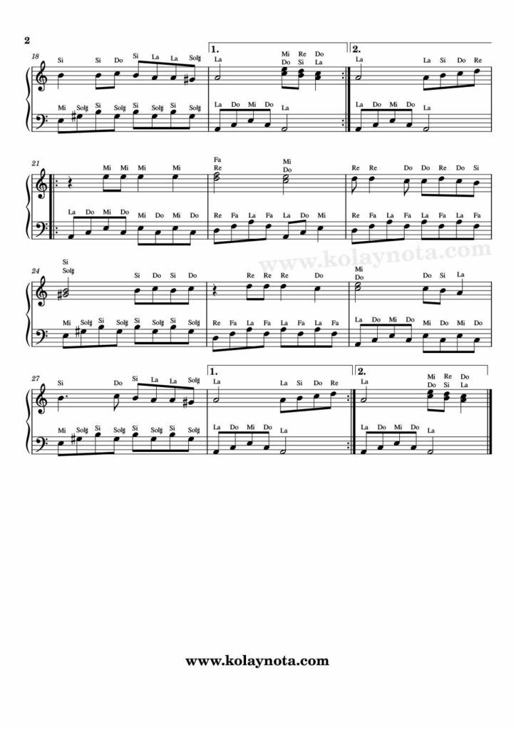 Yiğidim Aslanım - Piyano Notası - 2