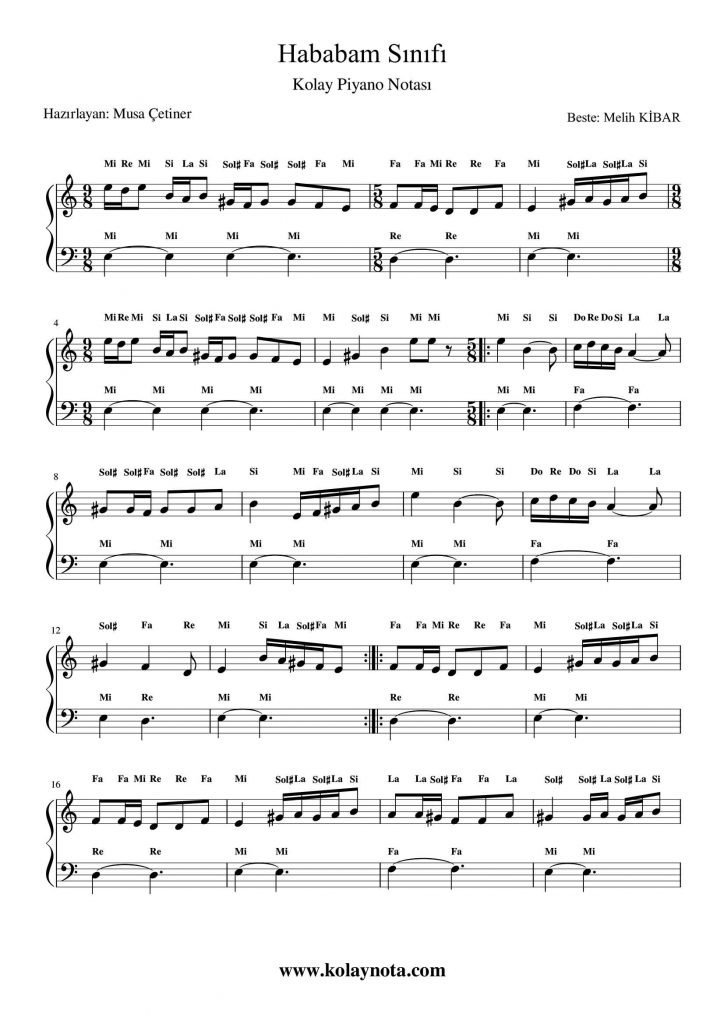 Hababam Sınıfı - Kolay Piyano Notası