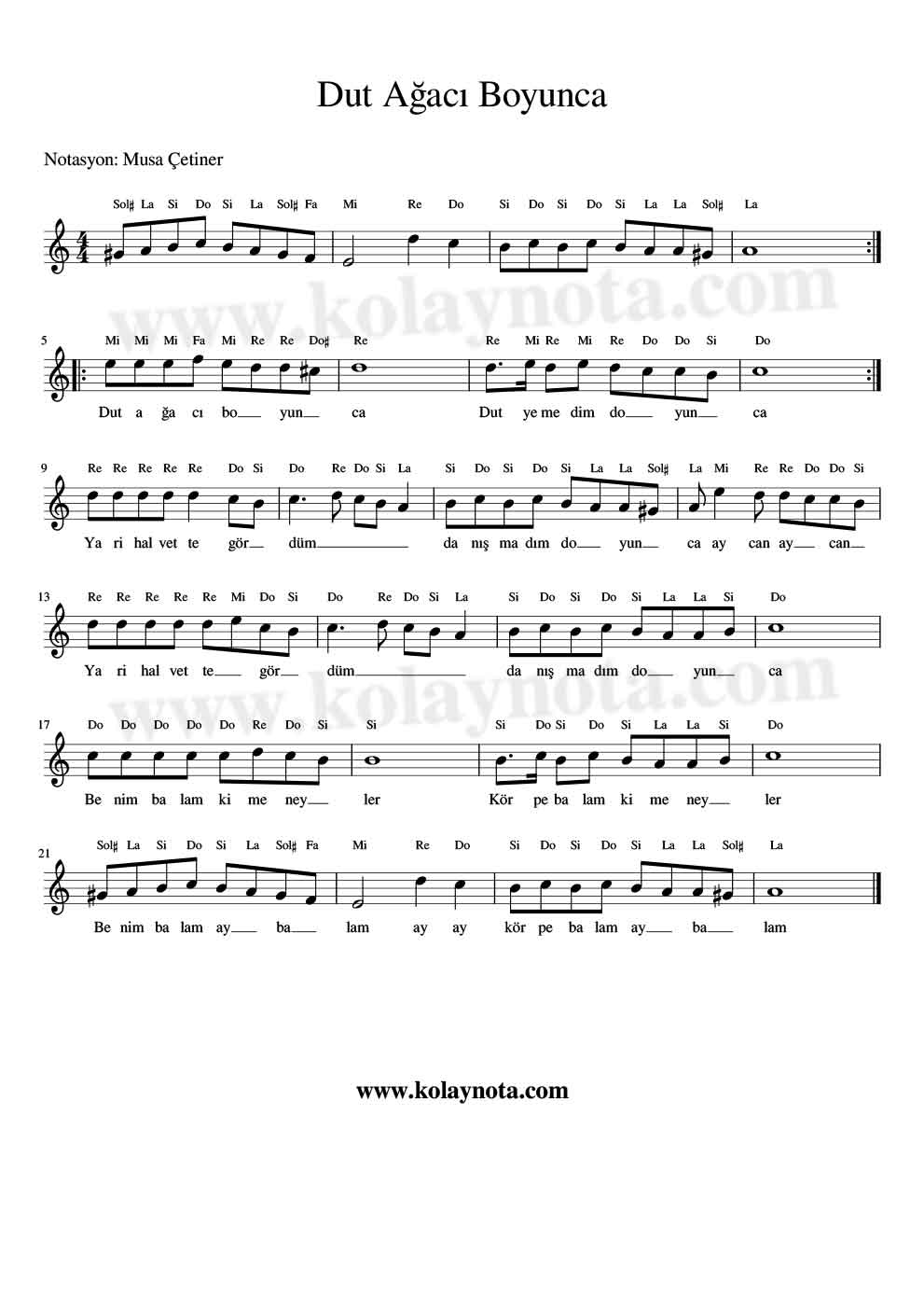 Dut Ağacı Boyunca Kolay Notası