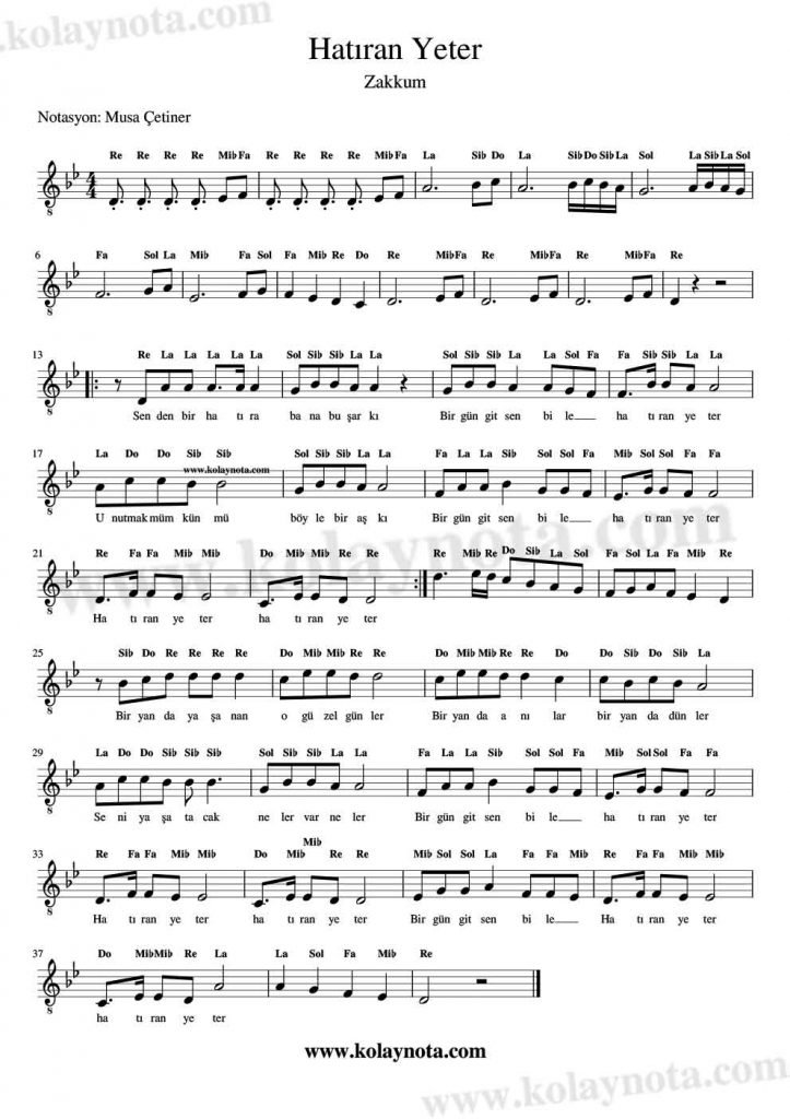Hatıran Yeter - Kolay Notası