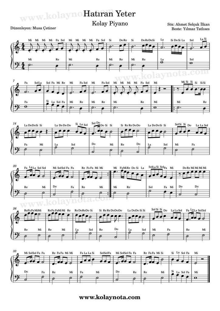 Hatıran Yeter - Piyano Nota