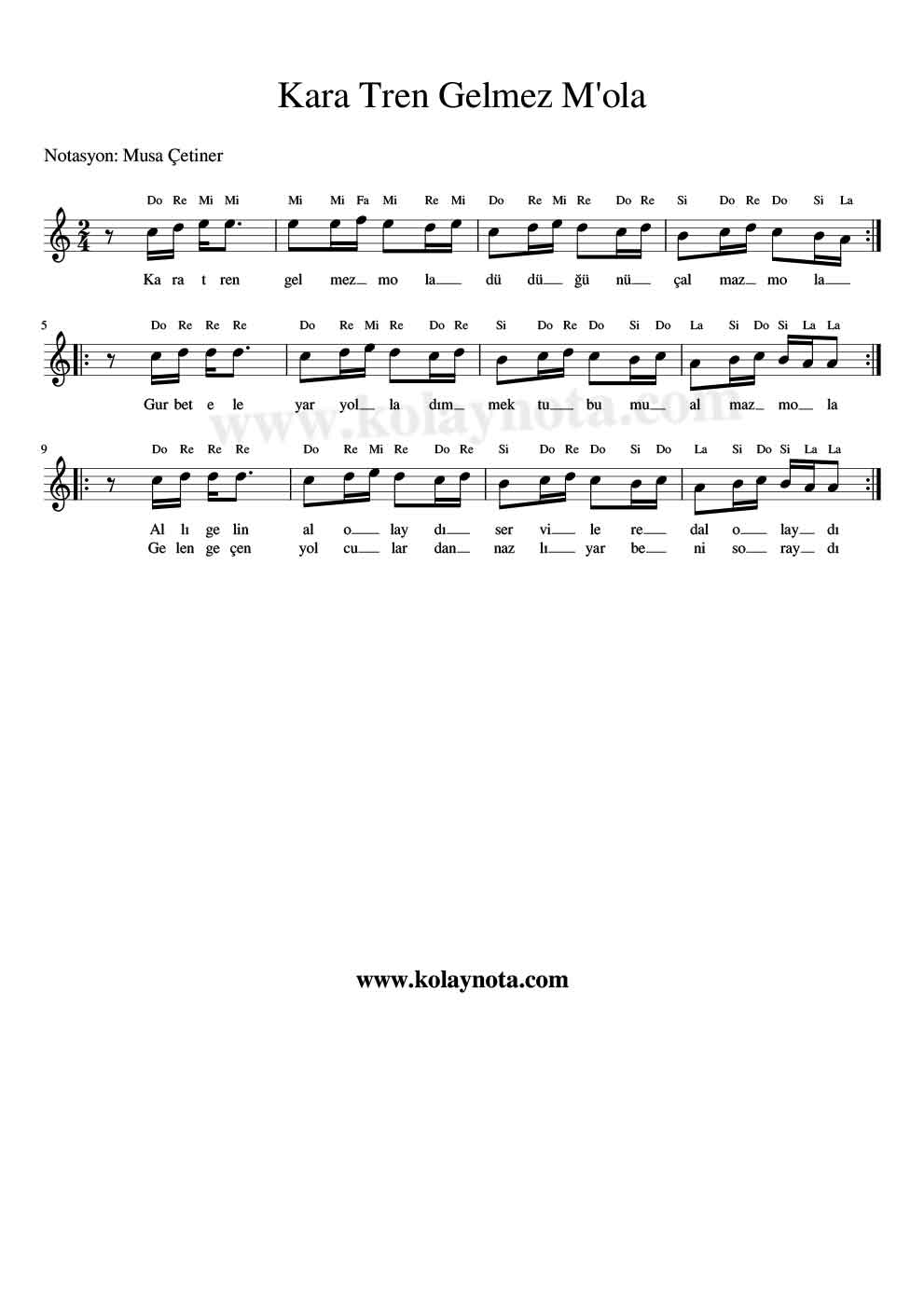 Kara Tren Gelmez Mola Kolay Notası
